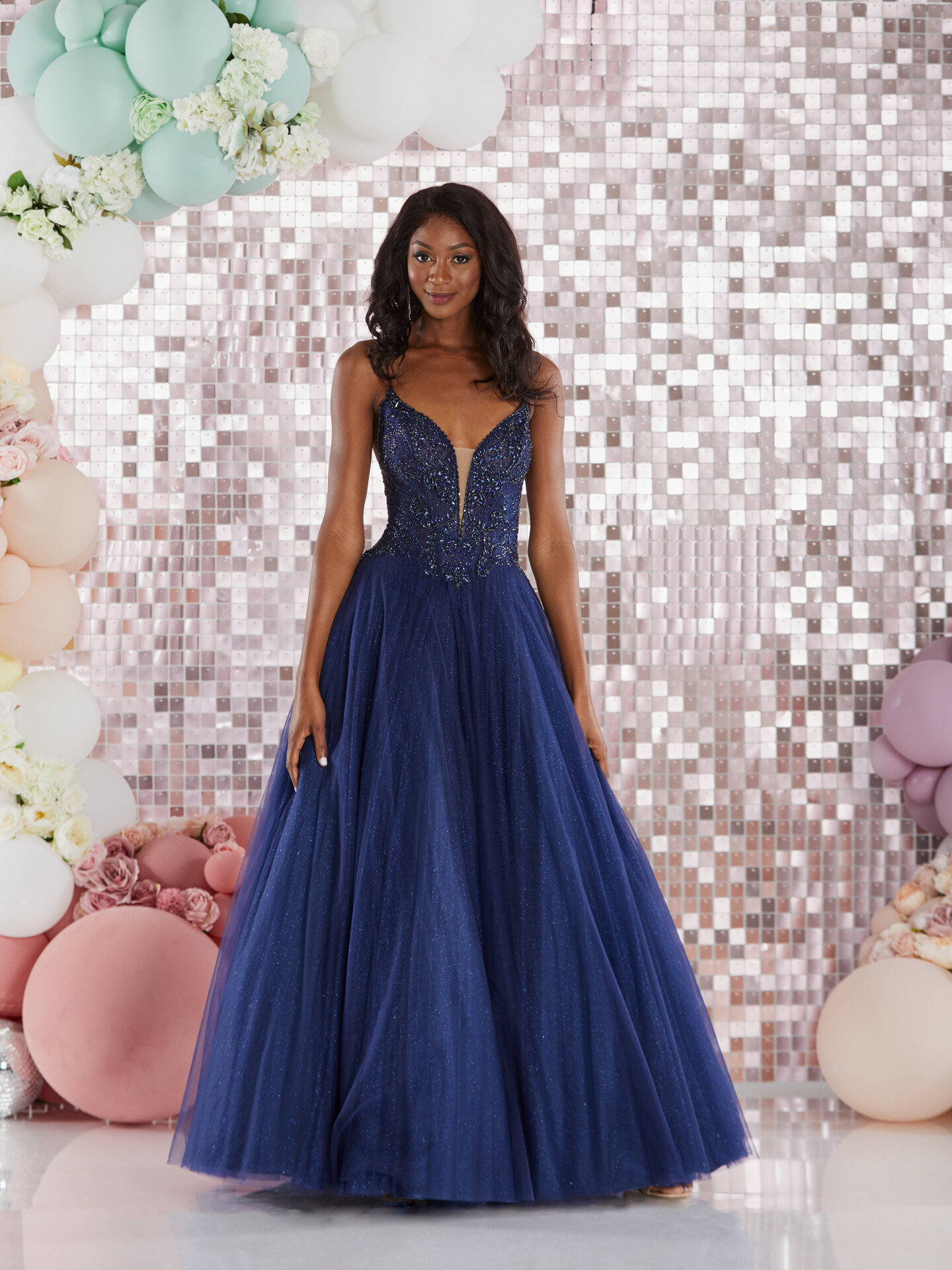 Cap Sleeved Top Blue A-line Tulle Maxi See Through Sheer Prom Dress